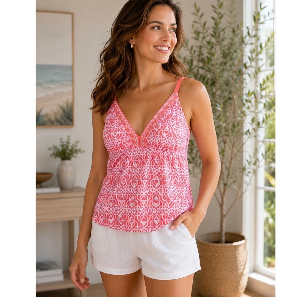 Cabana Life x Talbots Tankini Top L Coral White UPF 50+ V Neck Swim Resort